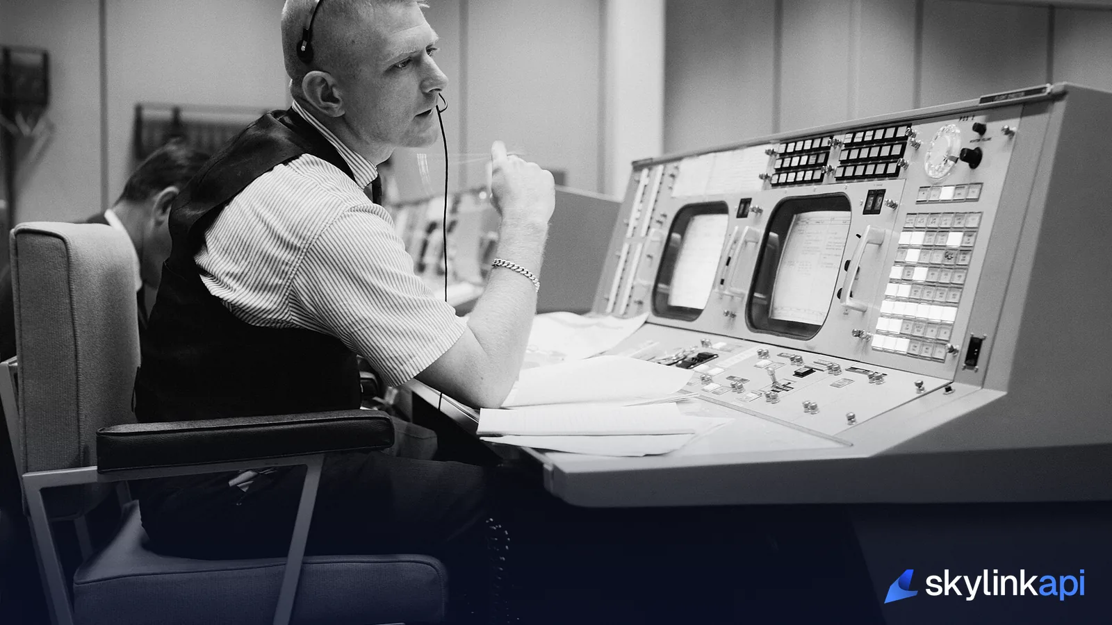 A flight controller at a console in a mission control room