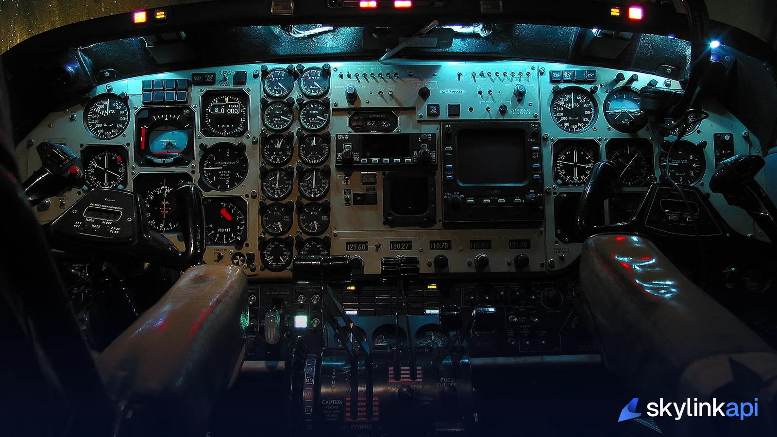 The instrument panel of a King Air flight deck
