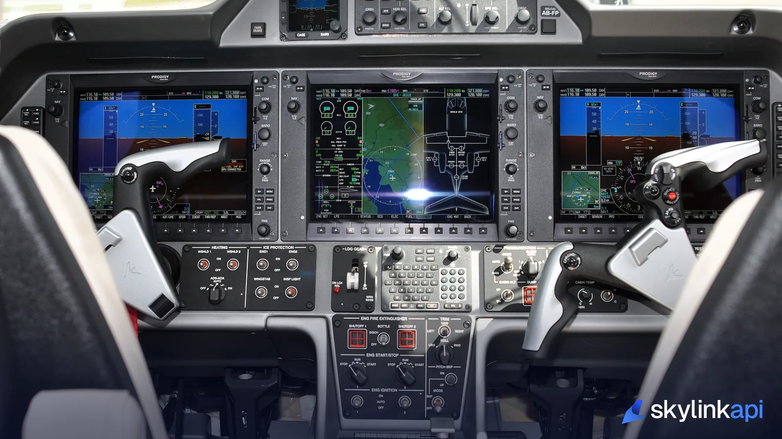 A glass-cockpit flight deck, where charts and plates are consulted in flight