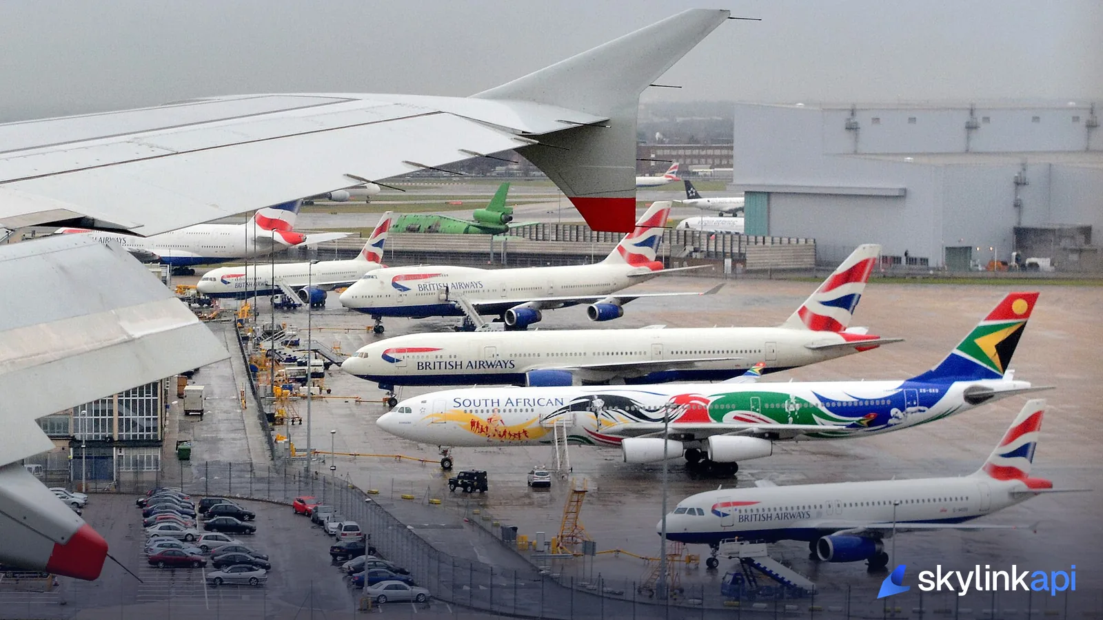 Airliners parked at their gates at a busy hub airport