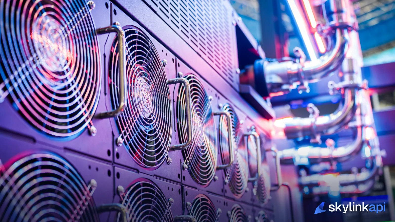 Close-up of server cooling fans in a data center, the infrastructure behind ADS-B and weather data refresh