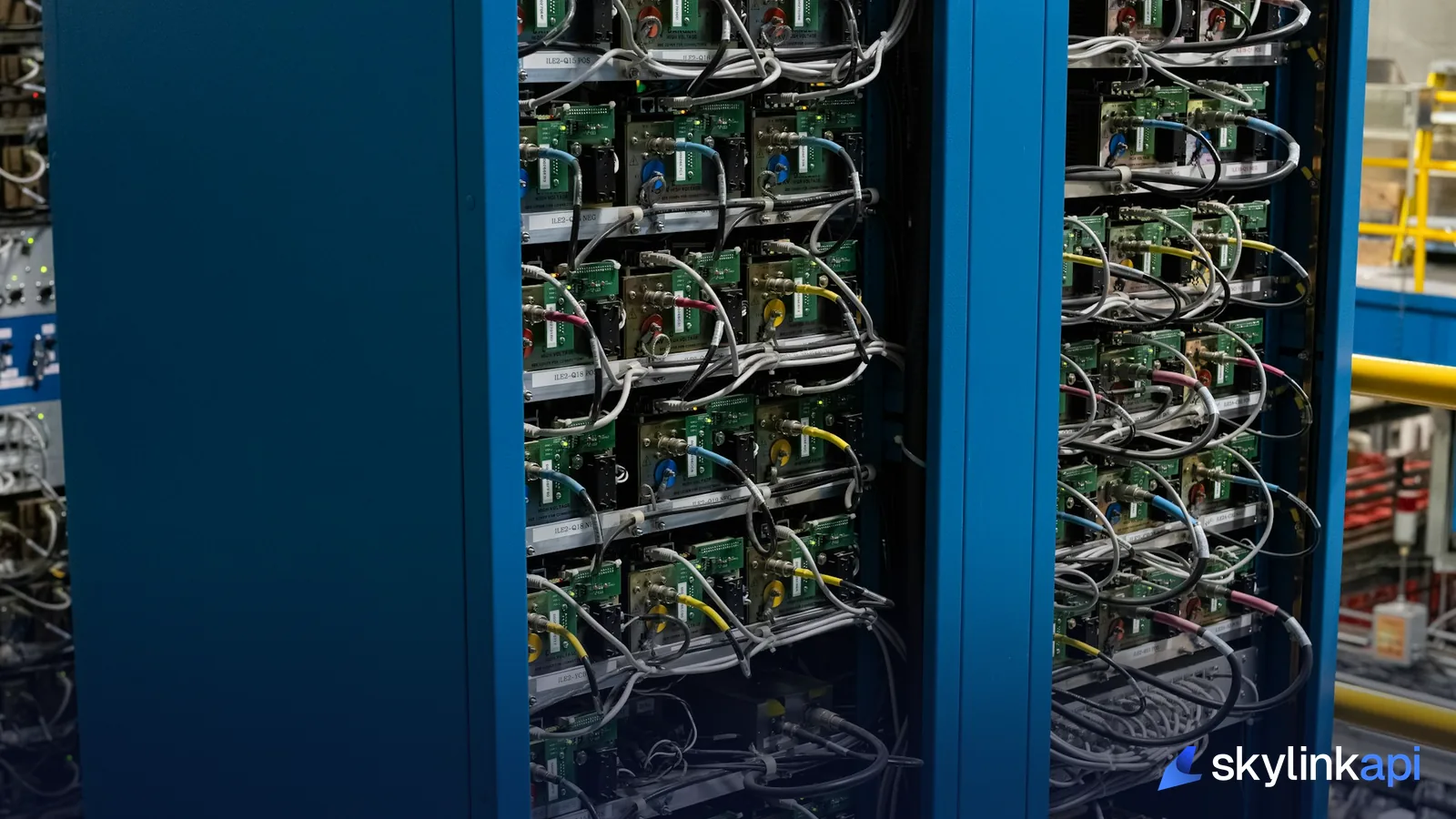 Server cabinets filled with networking equipment representing aviation data API backend coverage