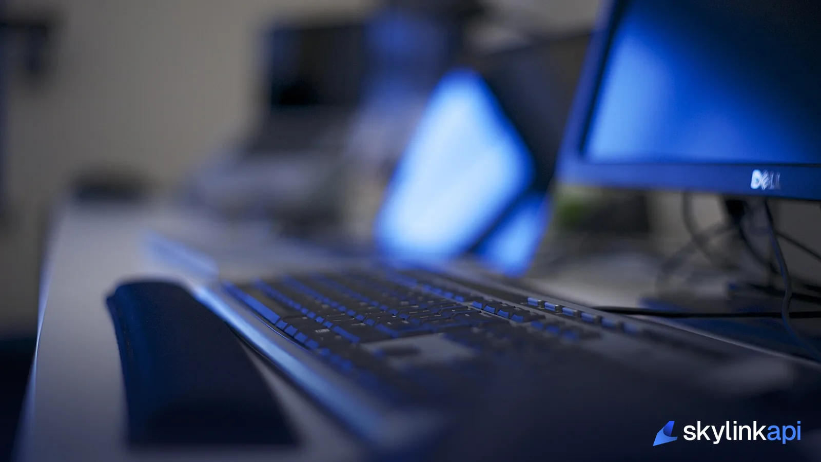 A keyboard and monitor glowing blue in a darkened office