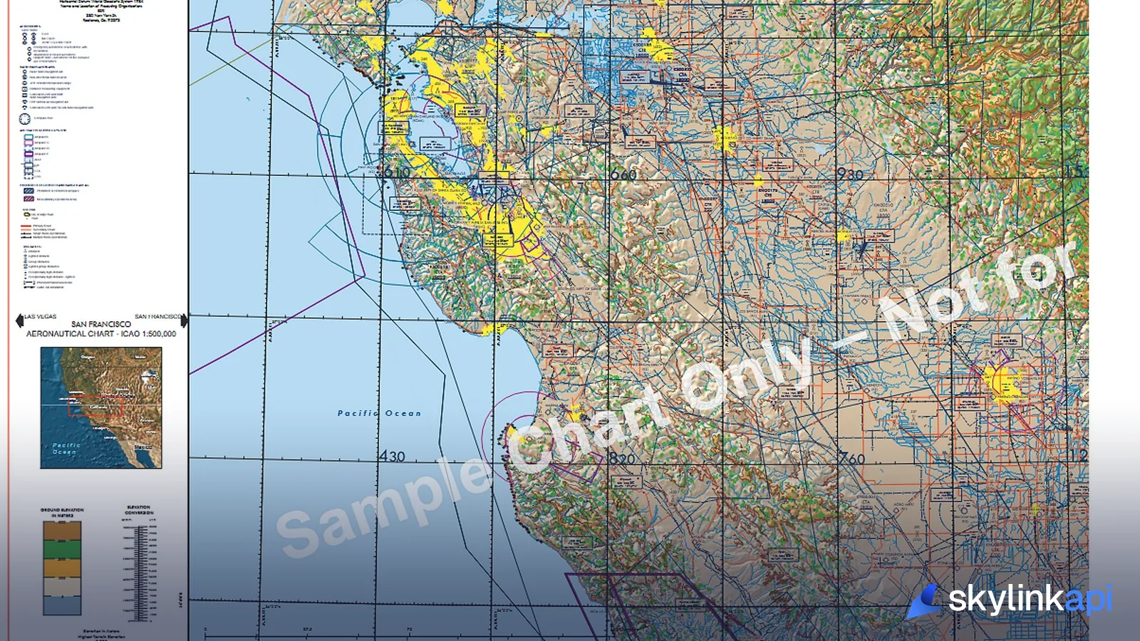 A San Francisco aeronautical sectional chart showing coastline, airspace, terrain, and a navigation grid