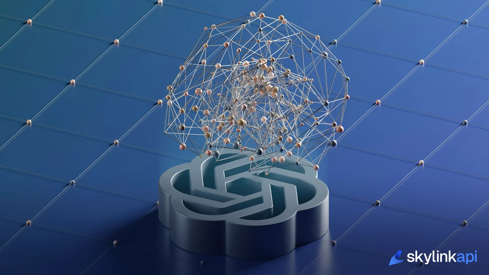 Abstract 3D network of connected nodes representing how an MCP server links an AI model to live data
