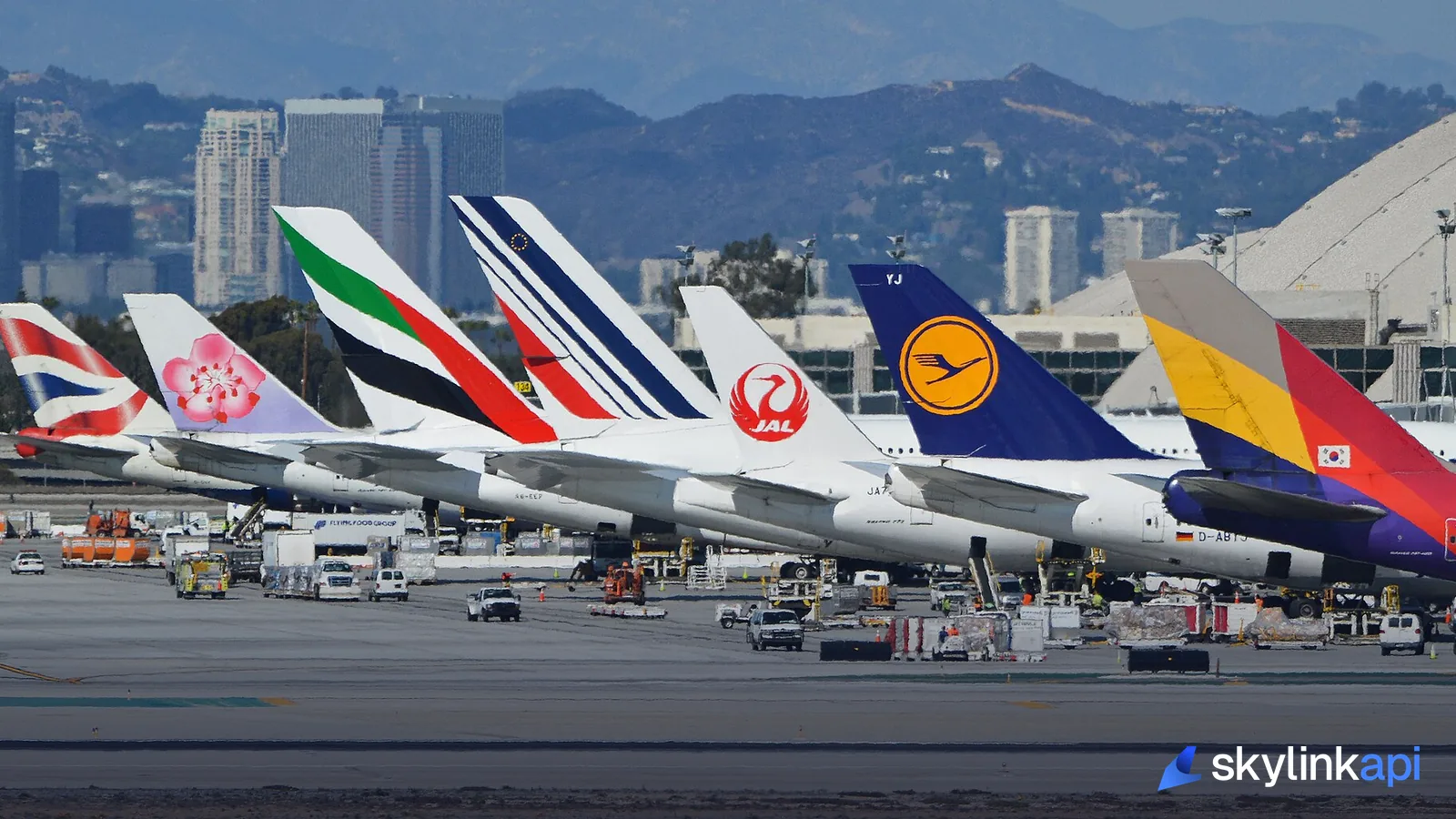 A row of different airlines' tail fins parked at an airport terminal