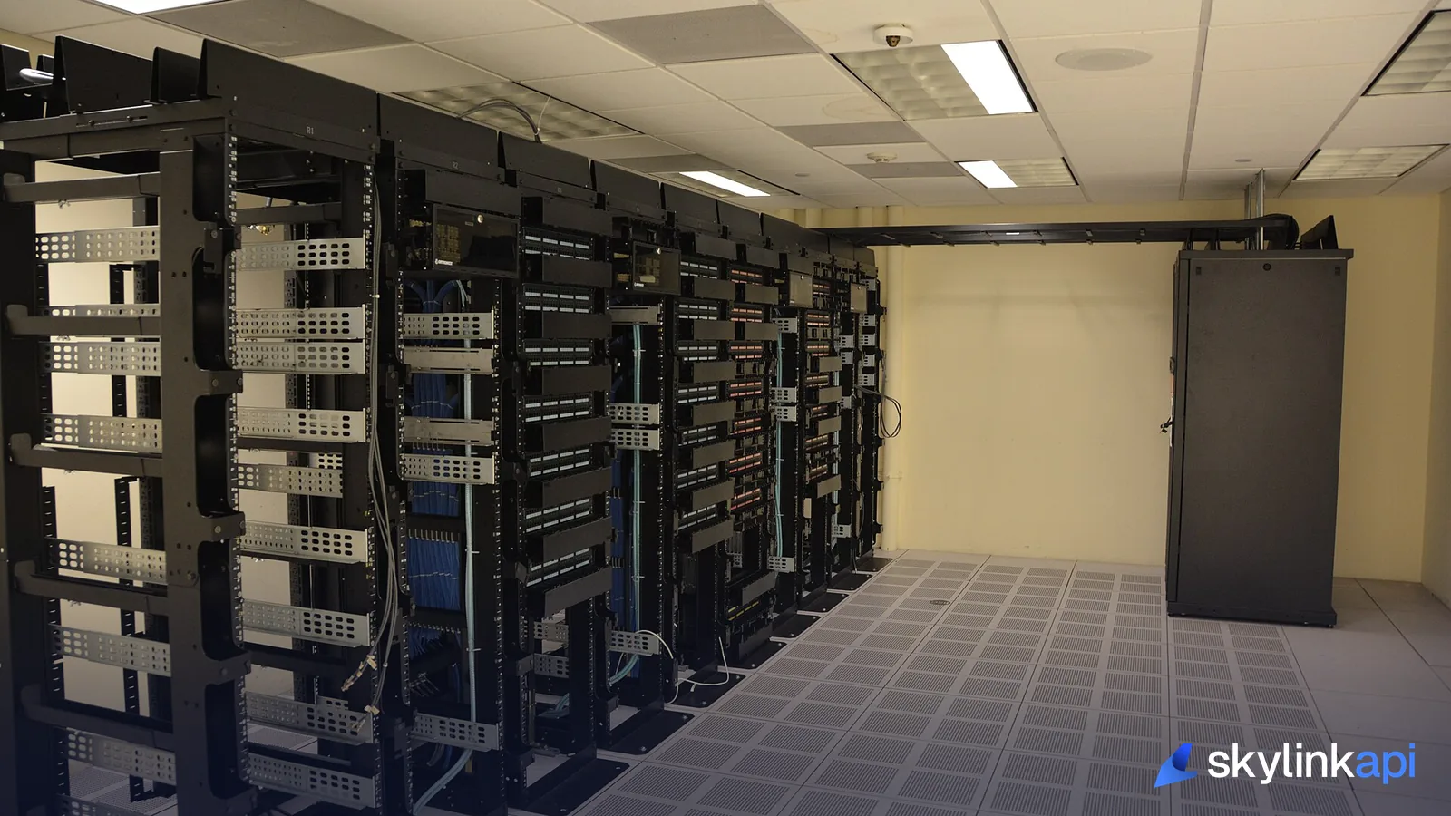 Server racks in a machine room