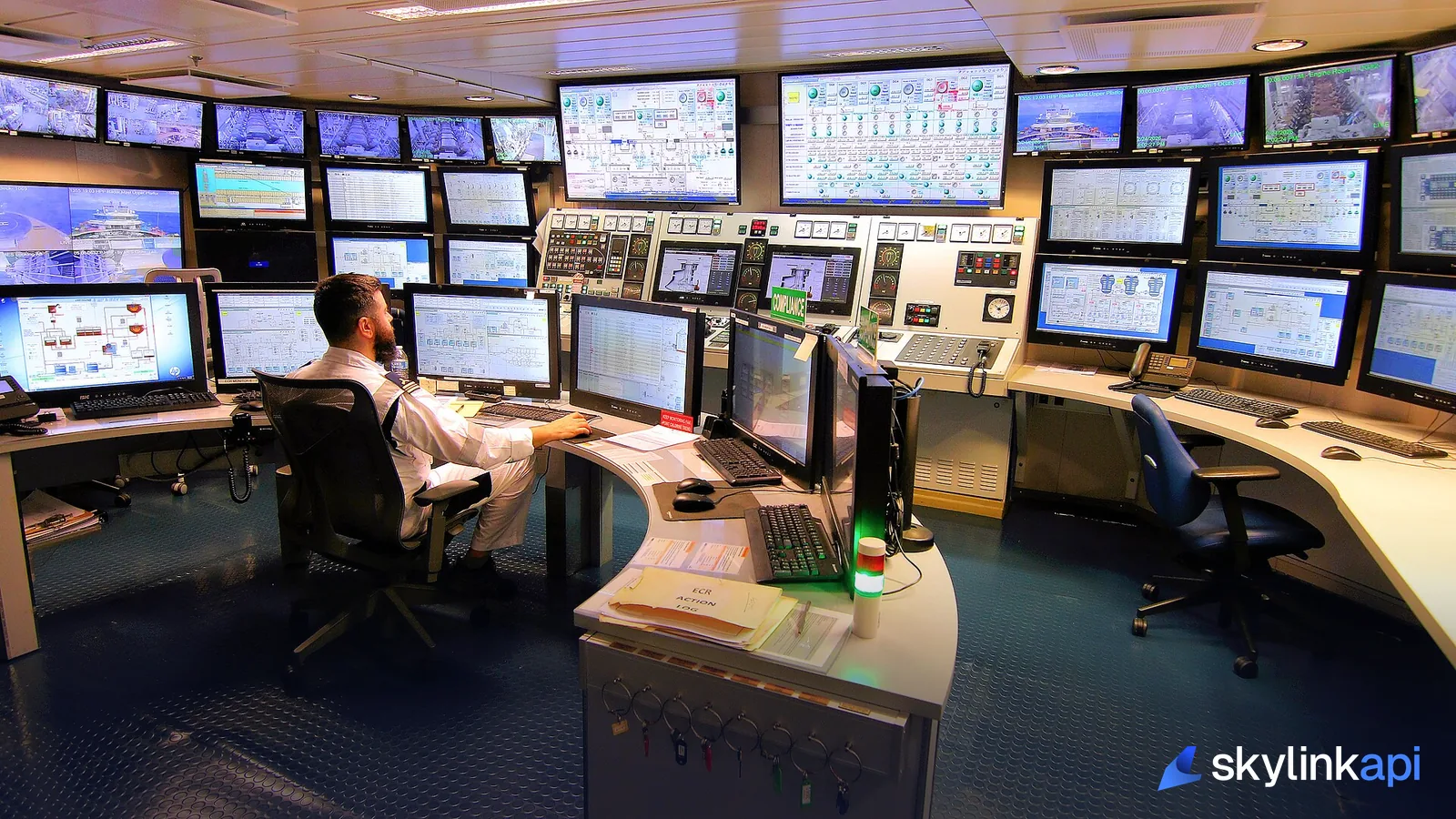 An operator at a desk surrounded by monitoring screens