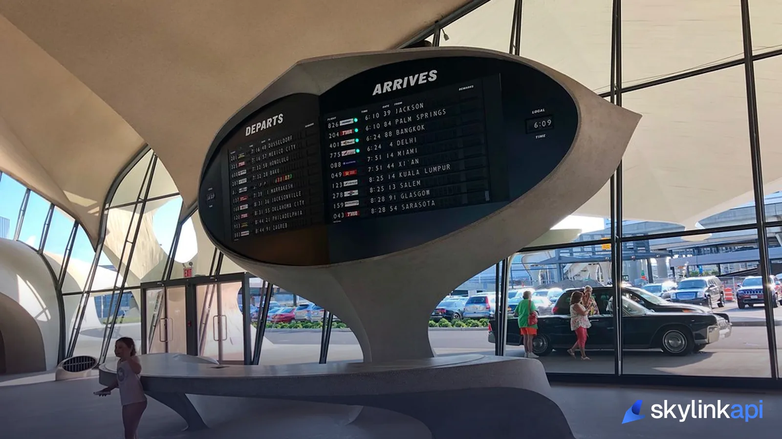 The split-flap departures and arrivals board in the TWA Flight Center at New York's JFK Airport