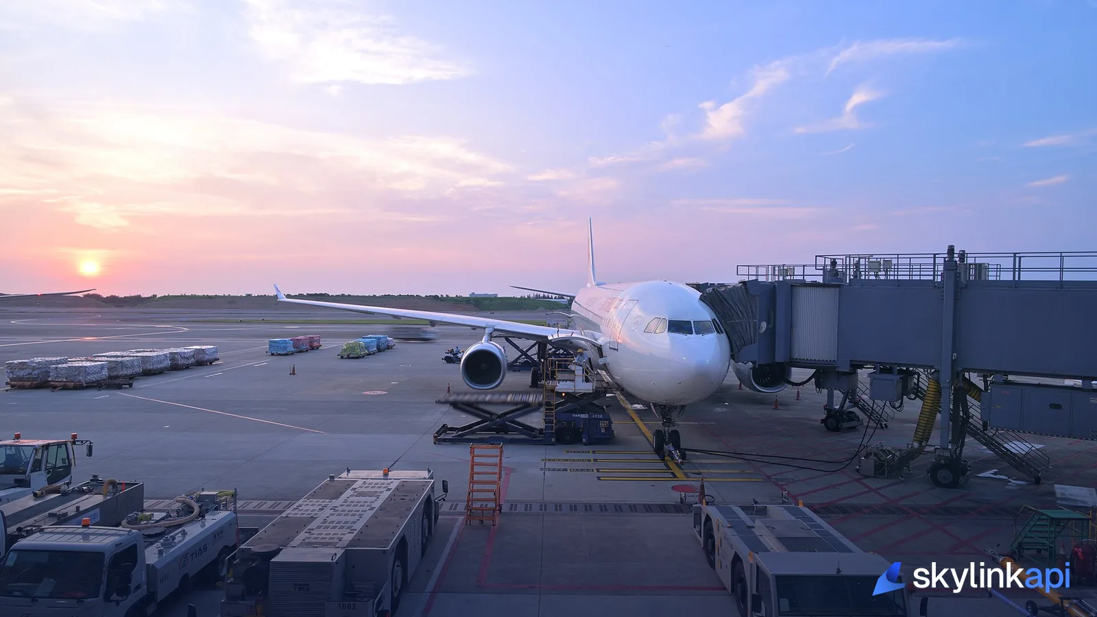 A wide-body airliner parked at the gate at dusk while ground crews service it