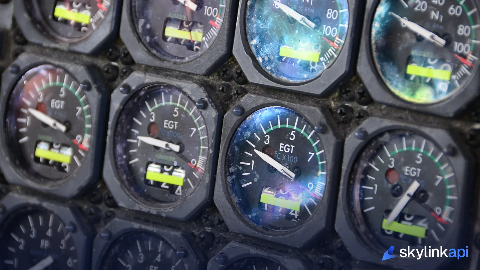 Close-up of an aircraft cockpit instrument panel showing flight and navigation gauges