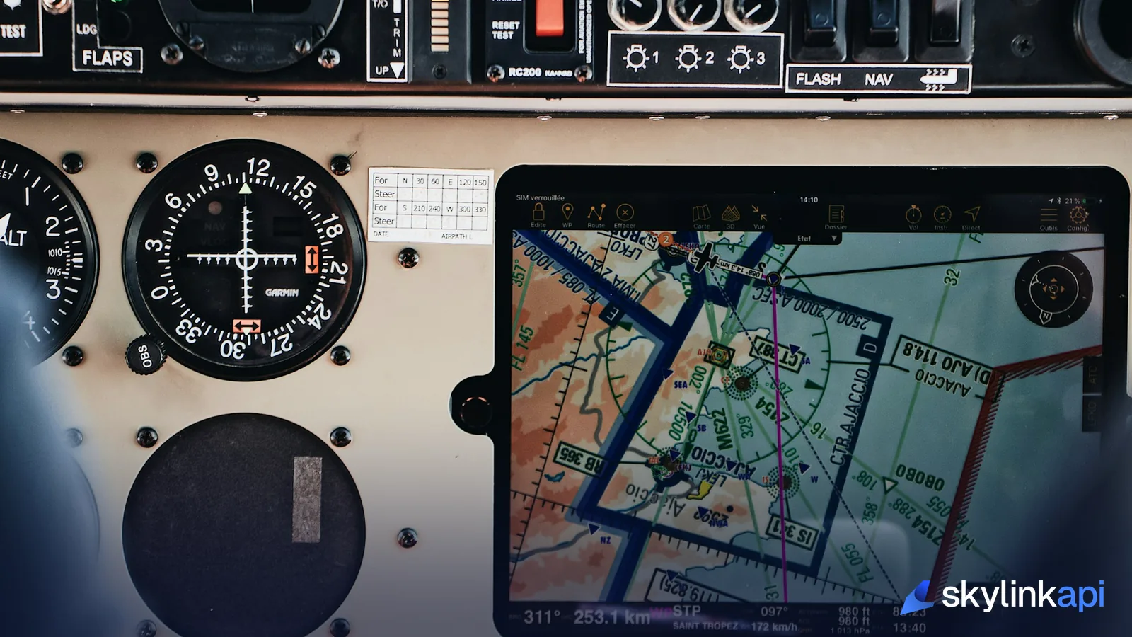 Aircraft cockpit navigation display used by pilots to cross-check weather and routing