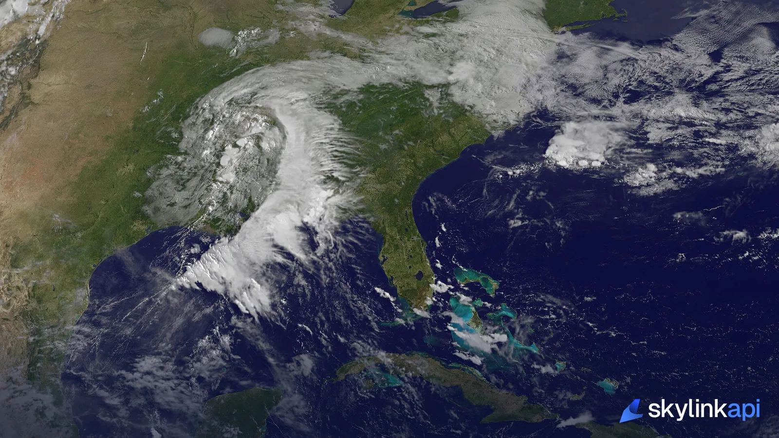 A satellite view of a frontal system over the eastern United States