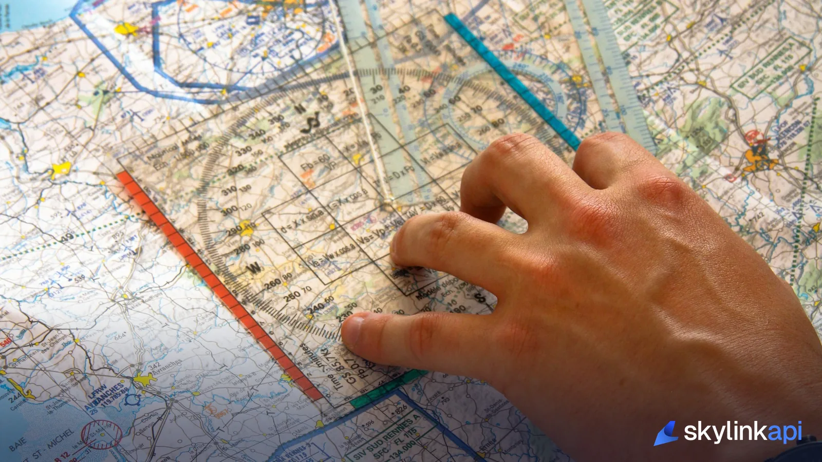 Pilot using a ruler on a paper aviation chart during flight planning
